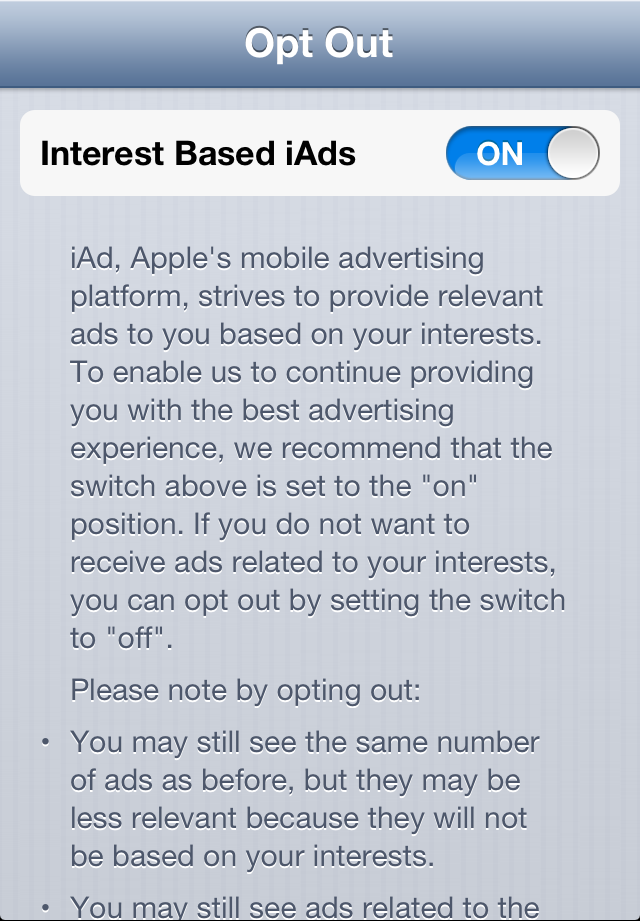 iAds Opt Out Screen 1
